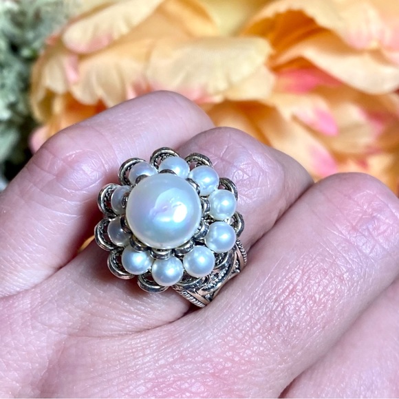 Vintage Estate Pearl Flower Cluster Ring ~ 925 Sterling Silver Antique Scroll - Picture 4 of 15